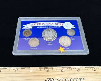 J24 - $35. Americana Series Yesteryear Collection. 1907 Indian Head Penny, Barber Half Dollar & Barber Quarter. 1905 Liberty Nickle. 1912 Barber Dime.