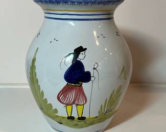 C15 - $50. Quimper Vase Breton Man on one side - floral design on the other. Signed "Henriot Quimper France D 201 F 637 P." Measures 5.75" x 8.5".