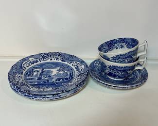 C24 - $35. Spode Blue Italian. Made in England. Includes 2 Tea Cups 4.5" x 2.5". 2 Saucers 5.75". 4 Dessert Plates 7.5". Dishwasher & Microwave Safe.