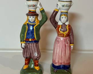 C13 - $150. Vintage HB Henriot Quimper France Brenton & Bretonne Pair of Candlestick Holders. Measures 7.5" tall.