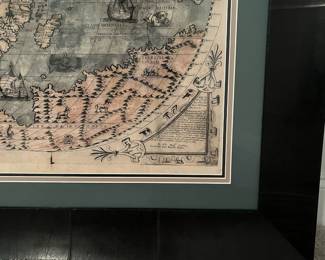 C93 - $225. *Huge* Reproduction of a 16th Century World Map. Measures 62.75" x 42" framed. Beautifully framed - great statement piece.