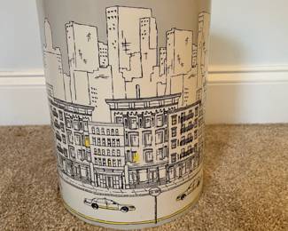 C75 - $30. DKNY NYC Skyline Taxi Ceramic Trash Can. Measures 10" x 8".