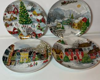 C16 - $100 for 8 Plates. 2015 Pottery Barn "Winter Village". (2 sets of 4 plates - 9.5")