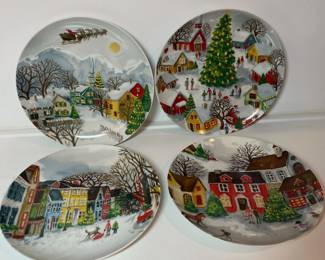 C16 - $100 for 8 Plates. 2015 Pottery Barn "Winter Village". (2 sets of 4 plates - 9.5")