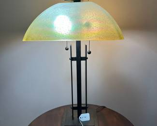 C87 - $125. 2 Light Table Lamp by Minka-Lavery. Heavy glass shade with iron base. *Beautiful* Heavy Duty Table Lamp!