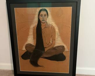 C96 - $75. Large Framed Charcoal on Brown Paper. Measures 37" x 44.5"