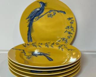 C44 - $50. 6 Williams-Sonoma Plates. Yellow with Blue Bird Salad Plates. Measures 8.25".