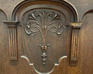 C3 - $1,750. English Renaissance Revival Sideboard. Appraisal dates it to late 19th century. Measures 60" wide x 22.5" deep x 77" tall. Loose fretwork on both sides and missing minor trim pieces. Sturdy and GORGEOUS! Homeowner shipped it back from England in the 90s.