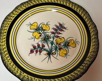 C31 - $200. "Broom & Heather" Quimper. 2 - Dessert Plates 8.5". 2 - Saucers 6". 2 Tea Cups - 5" x 2.25". 1 Cream & Sugar. 1 Tea Pot 8.5" x 5.5".