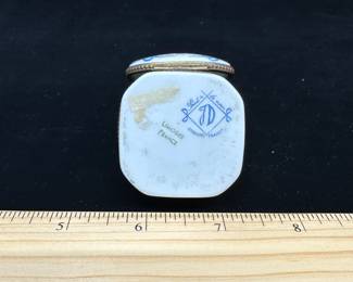 J17 - $60. Limoges Hinged Trinket Box. Bottom is stamped "Limoges France Peint a la main Dumont - France"
