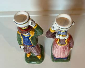 C13 - $150. Vintage HB Henriot Quimper France Brenton & Bretonne Pair of Candlestick Holders. Measures 7.5" tall.