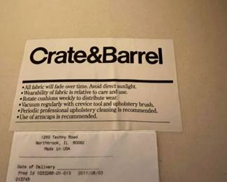 C55 - $1,200. Crate & Barrel Slip Covered Sofa. Measures 78.5" wide x 17.5" floor to seat x 30" deep. (Slipcover was just washed so excuse the wrinkles!) Includes an extra set of slip covers. Very comfortable and in very good condition. Non smoking home - No pets.