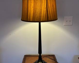 C71 - $95. PAIR of Table Lamps. Measures 32.5" tall. Shades are both in good condition. Heavy metal bases marked Made in India.