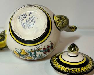 C31 - $200. "Broom & Heather" Quimper. 2 - Dessert Plates 8.5". 2 - Saucers 6". 2 Tea Cups - 5" x 2.25". 1 Cream & Sugar. 1 Tea Pot 8.5" x 5.5".