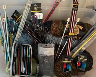C105 - $65. Bin of Yarn, Knitting Needles & Ring Markers, crochet hooks.