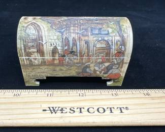 J10 - $50. Carved Bone & Hand Painted Trinket Box. Turkish. Signed S. Erken - Maltepe.