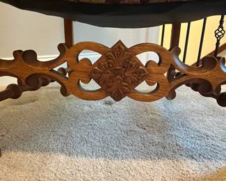 C86 - $250. Single Upholstered Arm Chair. Measures 25" wide x 17" deep x 33" tall. Sturdy with beautifully carved wood frame.