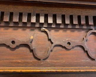 C3 - $1,750. English Renaissance Revival Sideboard. Appraisal dates it to late 19th century. Measures 60" wide x 22.5" deep x 77" tall. Loose fretwork on both sides and missing minor trim pieces. Sturdy and GORGEOUS! Homeowner shipped it back from England in the 90s.