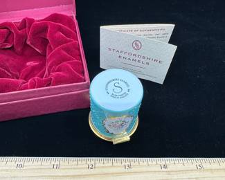 J3 - $80. Staffordshire Enamels Hinged Lidded Trinket Box. Tiffany Blue Color with Floral Pattern.