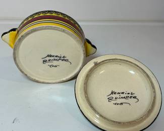 C30 - $20. Quimper Lidded Dish. Measures 6.5" x 2.5" tall. Has small chip on lid handle and small chip on dish handle.