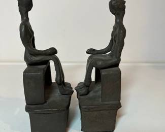 C18 - $40 PAIR. Vintage Bookends or Doorstops. Abstract Bronze Alloy Seated Woman Sculptures.