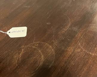 C85 - $85. Round Wooden Side Table with Brass Feet. Measures 20" round x 25.75" tall. Top does have some water rings. Solid wood.