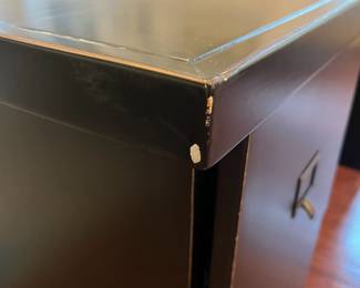 C54 - $1200. Ballad Designs Desk. Measures 66.5" x 20.5" x 28" tall. Moves in 3 pieces - 2 filing cabinets & top. Top corners do show some wear - see photos.