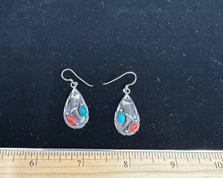 J46 - $30. Les Hill Navajo Turquoise & Coral Claw Earrings. Back is stamped "LH Sterling"