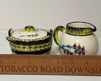 C31 - $200. "Broom & Heather" Quimper. 2 - Dessert Plates 8.5". 2 - Saucers 6". 2 Tea Cups - 5" x 2.25". 1 Cream & Sugar. 1 Tea Pot 8.5" x 5.5".