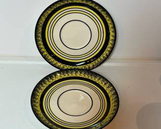 C31 - $200. "Broom & Heather" Quimper. 2 - Dessert Plates 8.5". 2 - Saucers 6". 2 Tea Cups - 5" x 2.25". 1 Cream & Sugar. 1 Tea Pot 8.5" x 5.5".