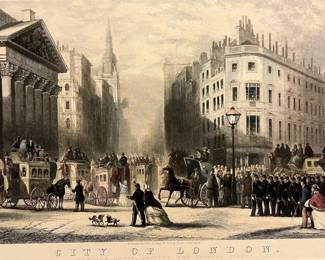 C57 - $85. "City of London" Engraving by T A Prior. Published by John Robins. Measures 25.5" x 18" framed. "Mansion House, Poultry & Princes Street. Artist - George Chambers