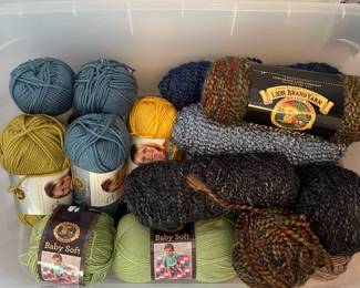 C105 - $65. Bin of Yarn, Knitting Needles & Ring Markers, crochet hooks.
