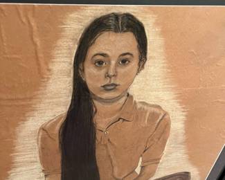 C96 - $75. Large Framed Charcoal on Brown Paper. Measures 37" x 44.5"