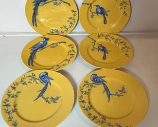 C44 - $50. 6 Williams-Sonoma Plates. Yellow with Blue Bird Salad Plates. Measures 8.25".