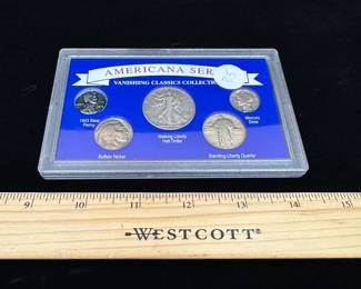 J25 - $35. American Series Vanishing Classics Collection. 1943 Steel Penny & Mercury Dime. 1936 Buffalo Nickel, 1942 Walking Liberty Half Dollar, 1925 Standing Liberty Quarter.