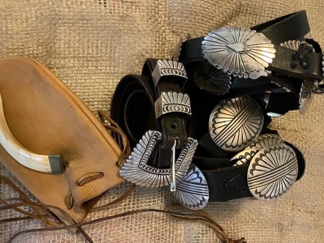 2 sterling Navajo concho belts with nice silver weight, Man's sterling Navajo Ranger set, 4 piece and lovely strap.