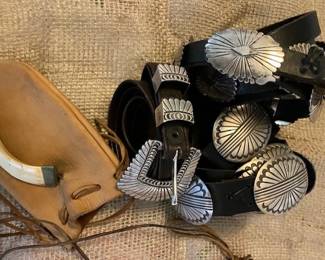2 sterling Navajo concho belts with nice silver weight, Man's sterling Navajo Ranger set, 4 piece and lovely strap.