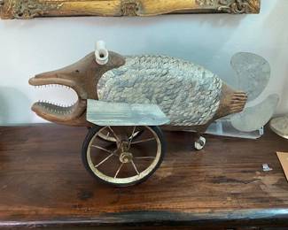 Folk art signed American artist bicycle fish...