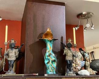 Pair of Blackamoor candlesticks, large pottery vase