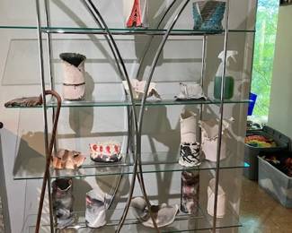 Mid Century Modern chrome/glass shelf and hand done pottery