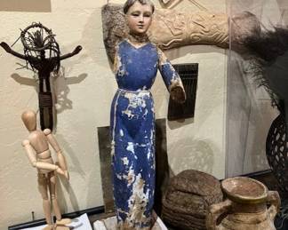 Mexican antique Saint with glass eyes, large and wonderful.