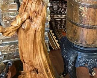 Large hand carved Asian statue, Asian stand and bucket