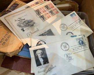 Vintage First Day Cover stamps, stamp collection, foreign currency.