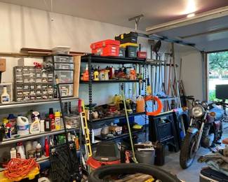 Full garage full of great tools.  Yamaha 1978 500 SRT, no title.