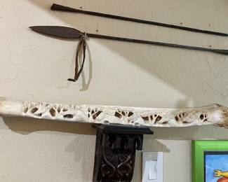 Bone African carving and Masai lion spear