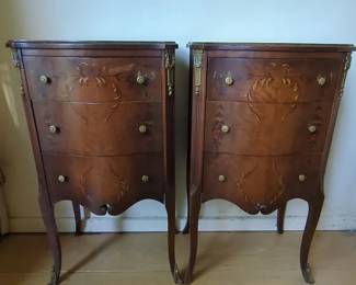 French Louis XV Style Bow Petite Bedside Sofa Tables, Three Drawers, Hand Painted