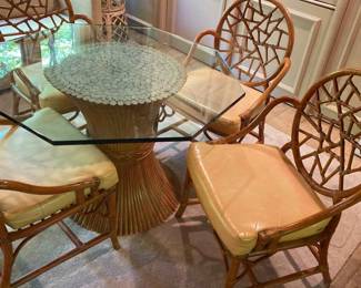 Rattan Bamboo Glass Top Table And Four Chairs