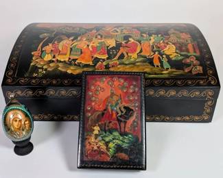 Russian Lacquer Box With Painted Egg And Small Chest