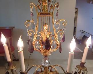 Vintage 1970s French Solid Brass Table Lamp w Clear  Amethyst Crystals