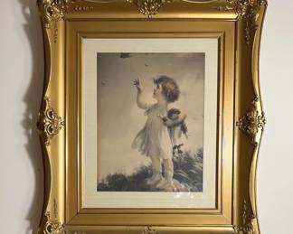 Toddler With Rag Doll Print In Gold Frame